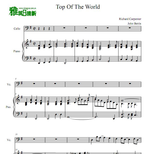 Top of the World大提琴钢琴合奏谱