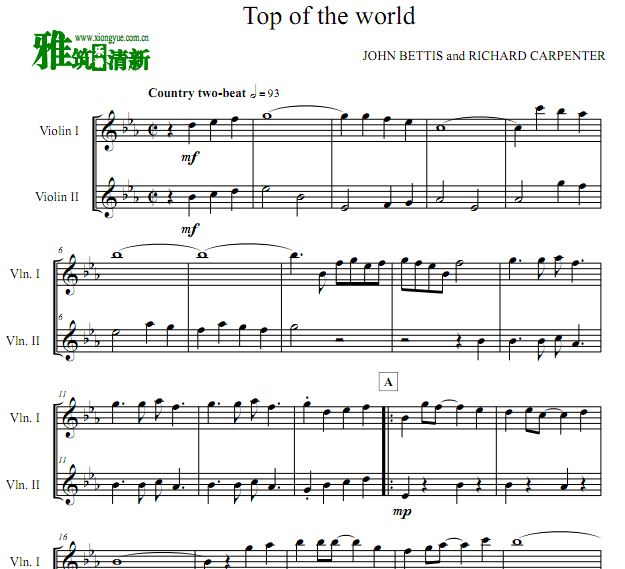 Top of the World 世界之巅双小提琴合奏谱