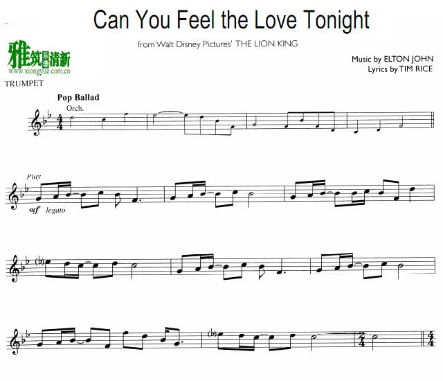 Can You Feel the Love Tonight 小号谱