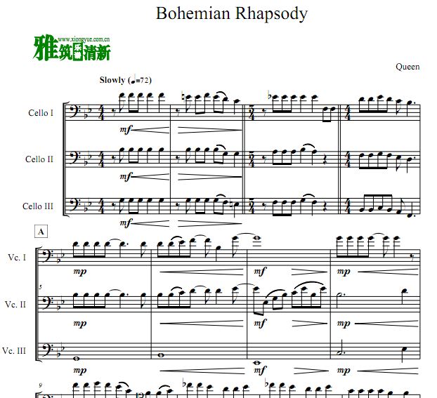 波西米亚狂想曲 Bohemian Rhapsody大提琴三重奏谱