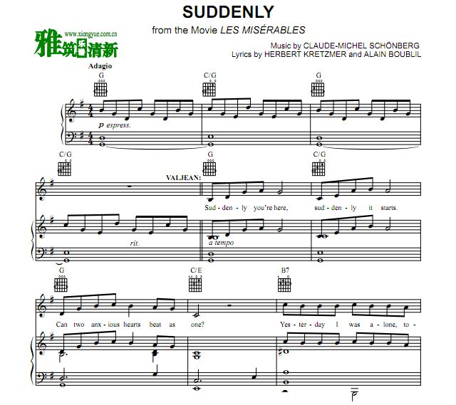 悲惨世界 -Suddenly钢琴伴奏谱 歌谱