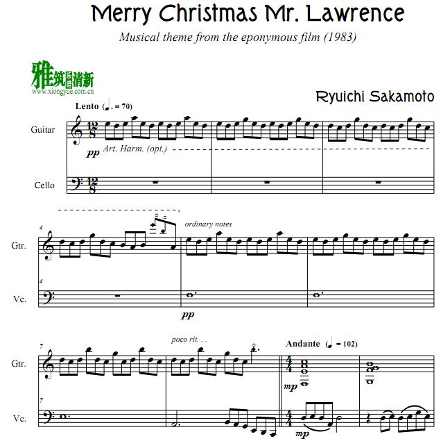 圣诞快乐劳伦斯先生Merry Christmas Mr. Lawrence大提琴吉他谱