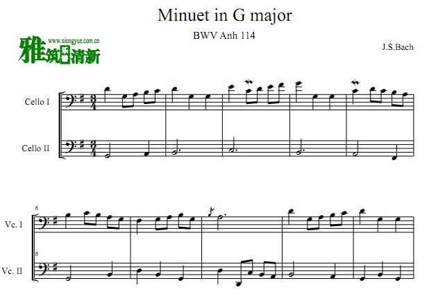 巴赫 g大调小步舞曲第三号 大提琴二重奏谱