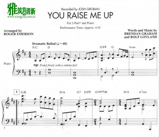 you raise me up 二声部合唱钢琴伴奏谱