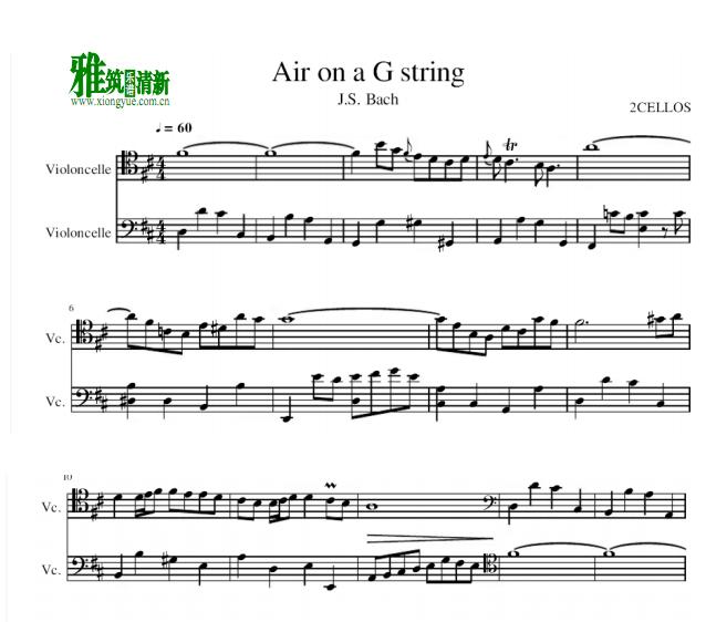 2cellos - Air on a G string 大提琴二重奏谱
