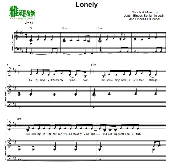 Justin Bieber - lonely钢琴伴奏谱