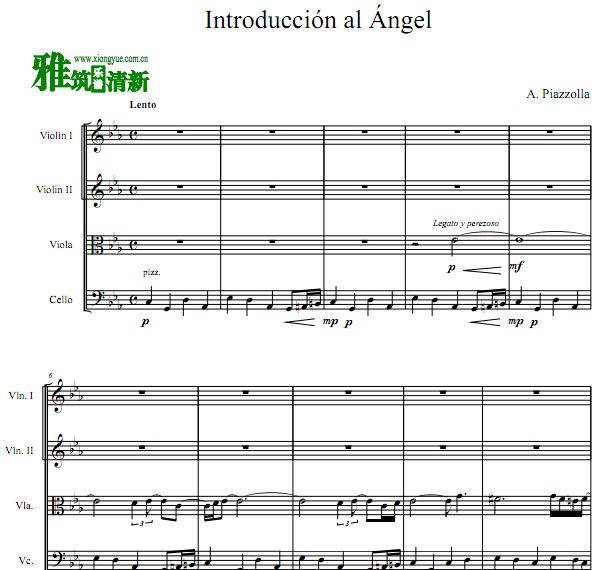 皮亚佐拉  Introducción al Ángel 弦乐四重奏谱