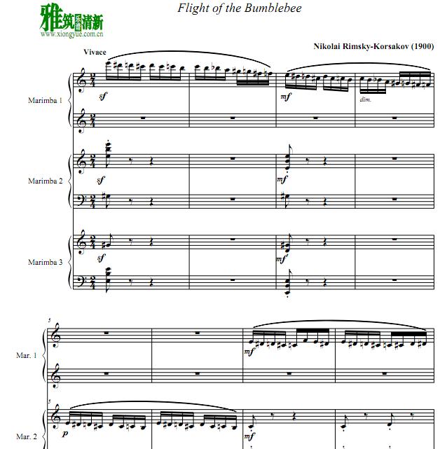 野蜂飞舞Flight of the Bumblebee马林巴三重奏谱