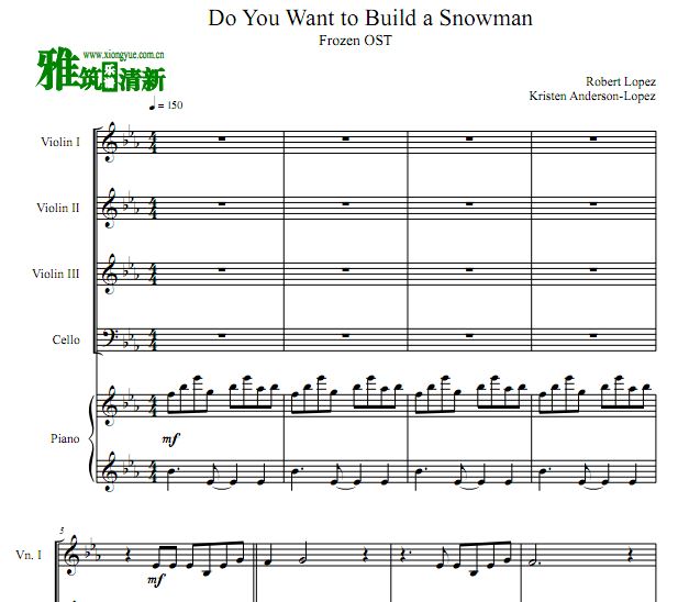 Do You Want to Build a Snowman三小提琴一大提琴钢琴合奏谱