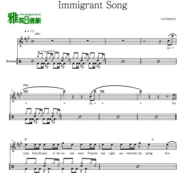 齐柏林飞艇乐队 Led Zeppelin - Immigrant Song架子鼓谱