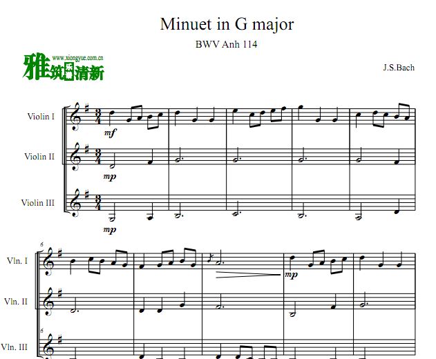 巴赫 第三号g大调小步舞曲三小提琴合奏谱
