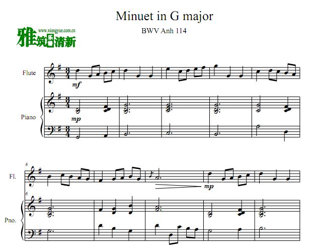 巴赫 第三号小步舞曲长笛钢琴合奏谱