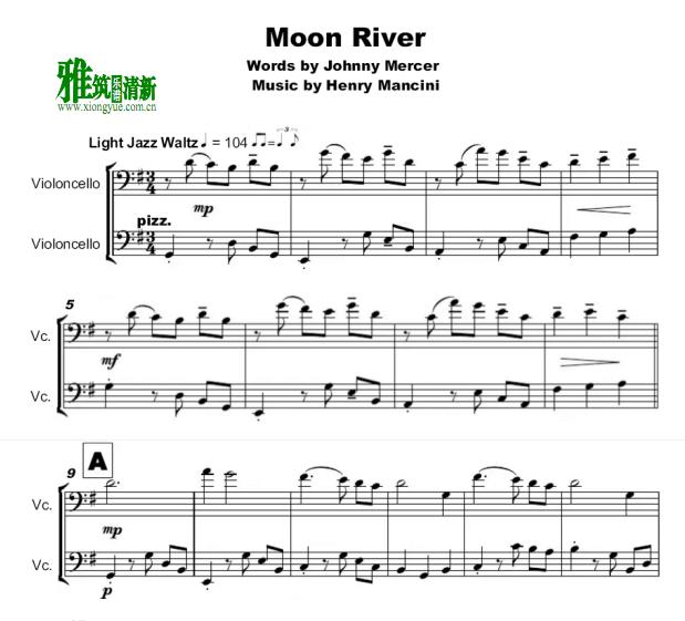 Moon River月亮河 大提琴二重奏谱