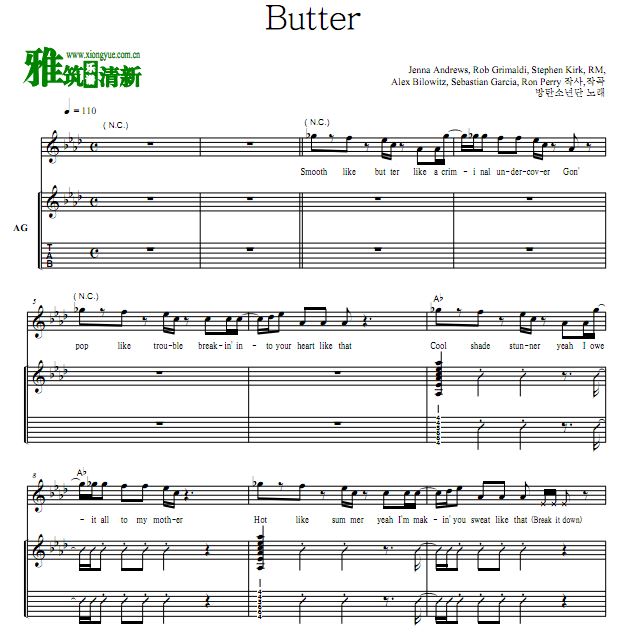 BTS - Butter弹唱吉他谱 TAB谱