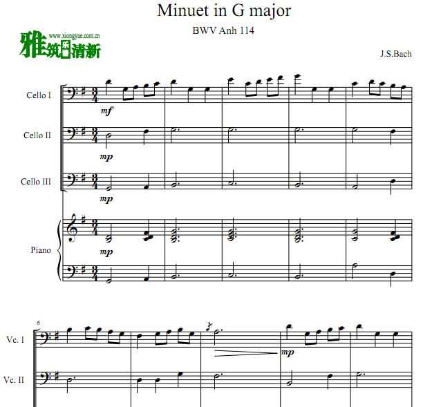 巴赫 第三号小步舞曲三大提琴钢琴合奏谱