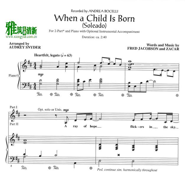 When a Child is Born二声部合唱钢琴伴奏谱