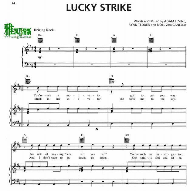 Maroon-5 - Lucky Strike 歌谱 正谱 钢琴谱
