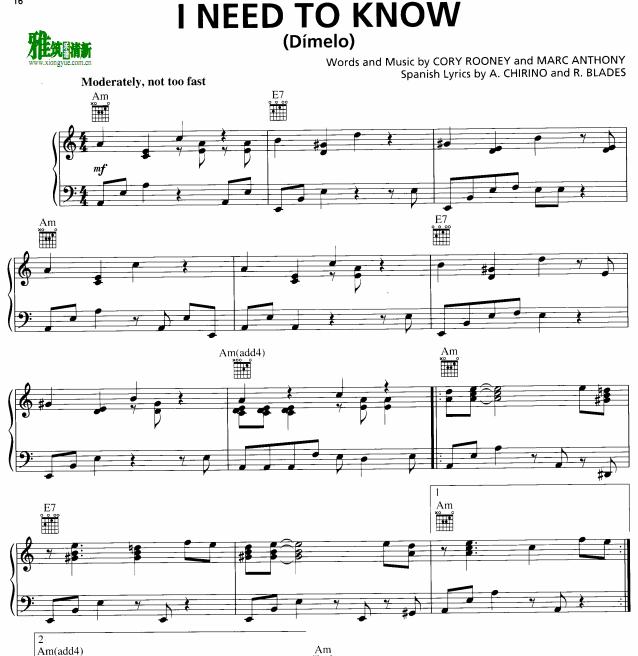 MARC ANTHONY - i need to know钢琴谱