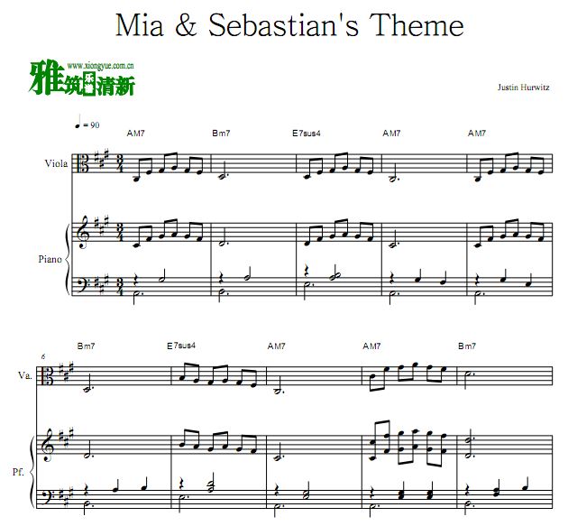 爱乐之城 Mia & Sebastian's Theme中提琴钢琴合奏谱