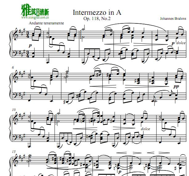 勃拉姆斯Intermezzo in A Major Op 118 No 2钢琴谱