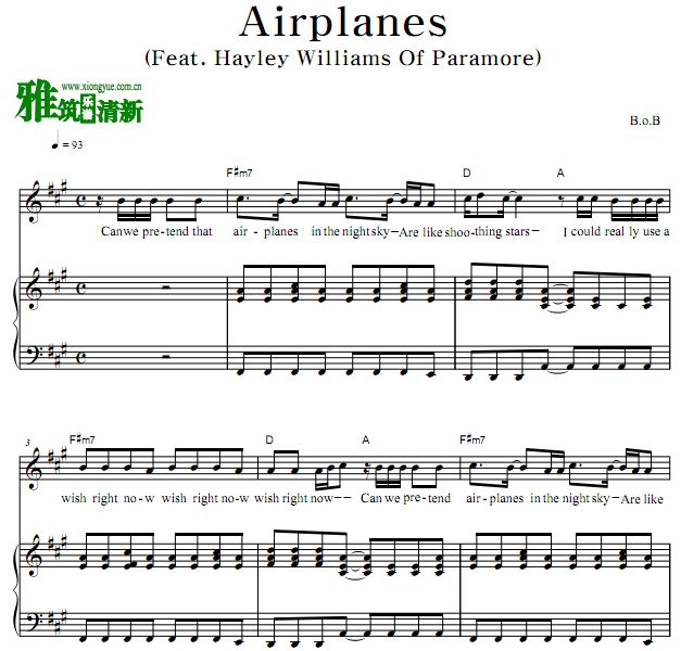 B.o.B - Airplanes歌谱 正谱 钢琴谱
