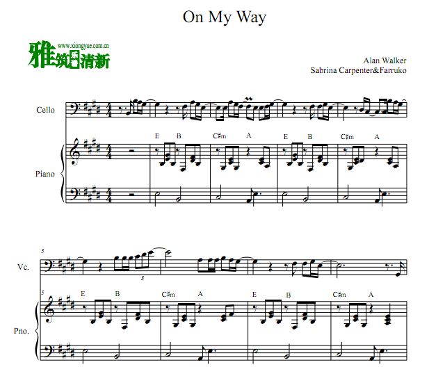 On My Way 大提琴钢琴伴奏谱
