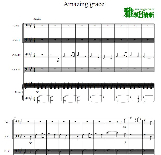 奇异恩典 Amazing Grace 大提琴钢琴五重奏谱