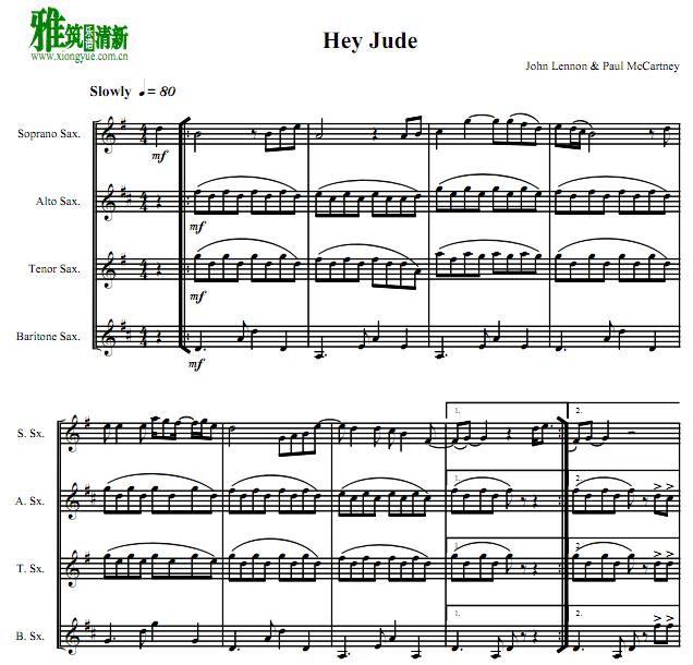 Hey Jude萨克斯四重奏谱