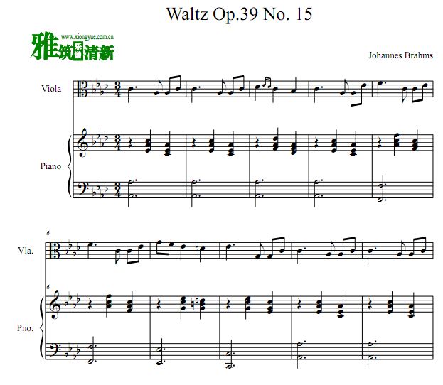 勃拉姆斯华尔兹 降A大调圆舞曲( op.39 no.15)中提琴谱 钢琴伴奏谱