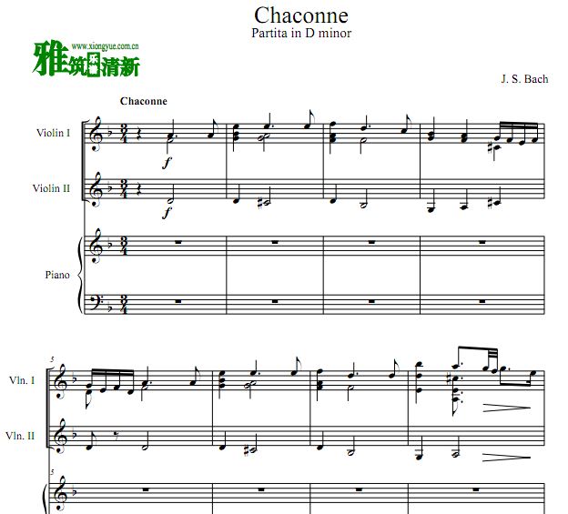 巴赫 恰空 Chaconne小提琴钢琴三重奏谱