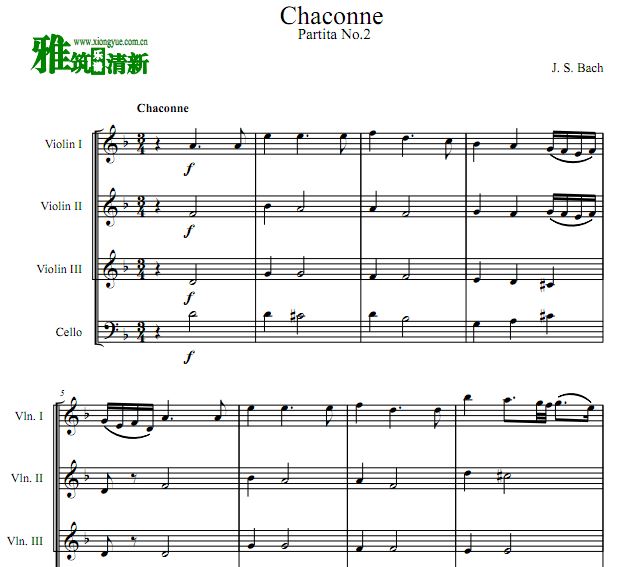 巴赫 恰空 Chaconne小提琴大提琴四重奏谱