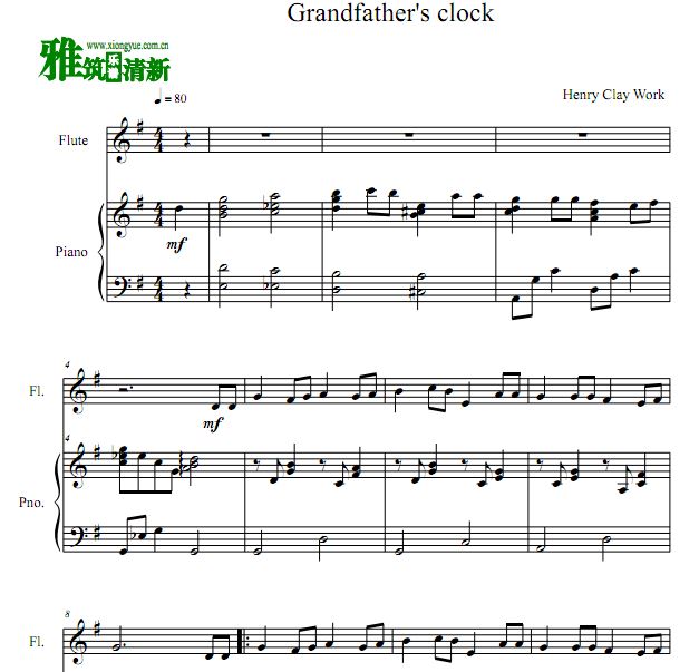Grandfather's Clock 爷爷的大钟长笛钢琴合奏谱