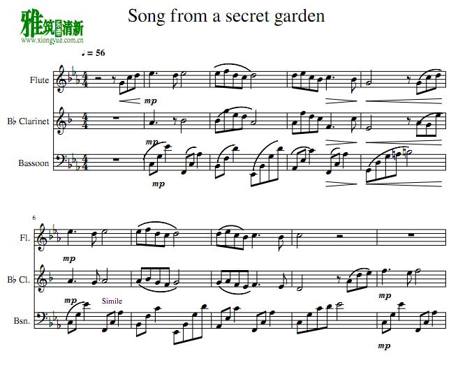 神秘园之歌Song from a secret garden长笛单簧管巴松三重奏谱