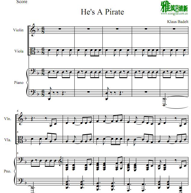 加勒比海盗He's a Pirate 小提琴中提琴钢琴三重奏谱