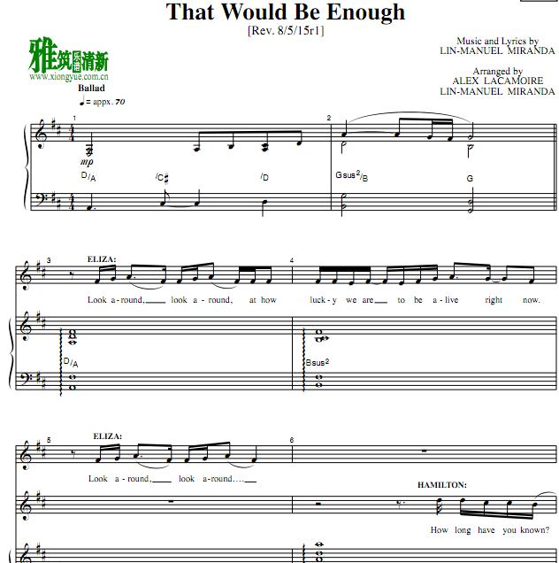 汉密尔顿 Hamilton - That Would Be Enough钢琴伴奏谱