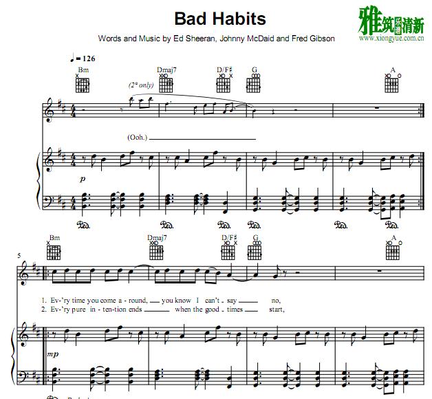 Ed Sheeran - Bad Habits 歌谱 正谱 钢琴伴奏谱