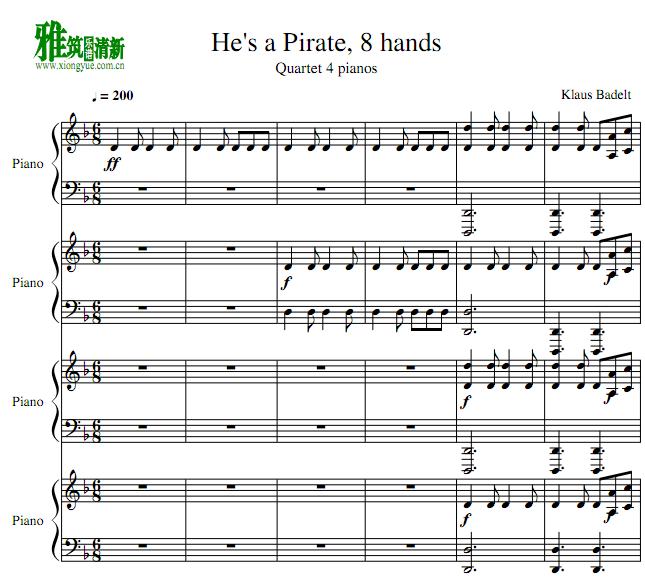 He's a Pirate 四钢八手联弹钢琴谱