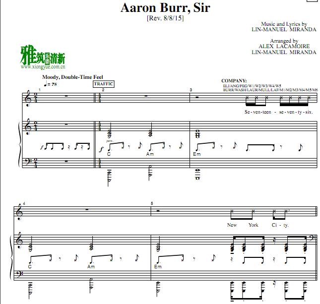 Hamilton汉密尔顿 Aaron Burr, Sir钢琴伴奏谱