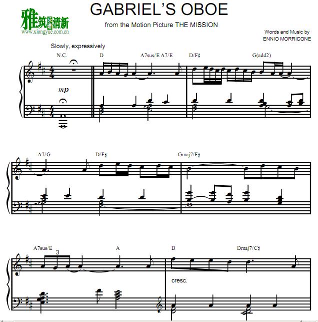 教会 加布里埃尔的双簧管Gabriel's Oboe钢琴谱