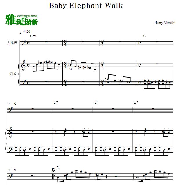 小象进行曲 Baby Elephant Walk大提琴钢琴合奏谱