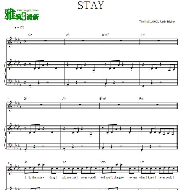 比伯 Justin Bieber - Stay钢琴谱 歌谱