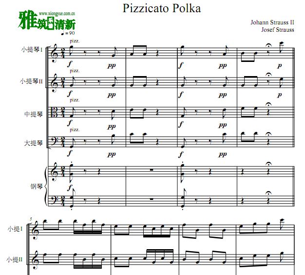 Pizzicato Polka弦乐钢琴五重奏谱