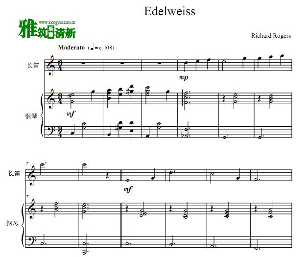 雪绒花 Edelweiss长笛钢琴伴奏谱