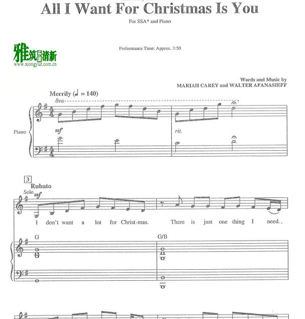 All I Want For Christmas Is You三声部女声合唱谱 钢琴伴奏谱