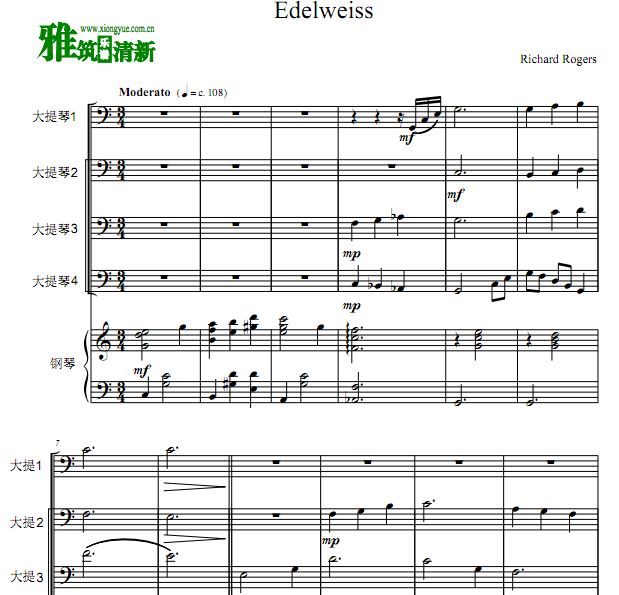 Edelweiss 雪绒花大提琴钢琴五重奏谱
