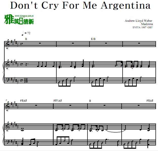 阿根廷别为我哭泣 Don't Cry For Me Argentina正谱 歌谱 钢琴谱