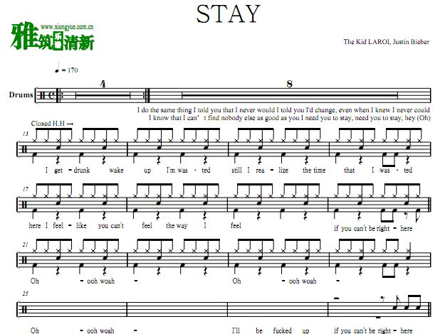 Justin Bieber - Stay架子鼓谱