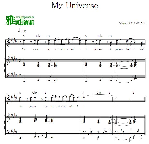Coldplay,BTS - My Universe钢琴伴奏谱 正谱