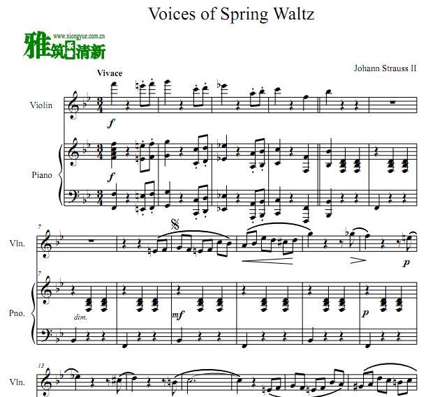 小约翰·施特劳斯 春之声圆舞曲小提琴钢琴伴奏谱