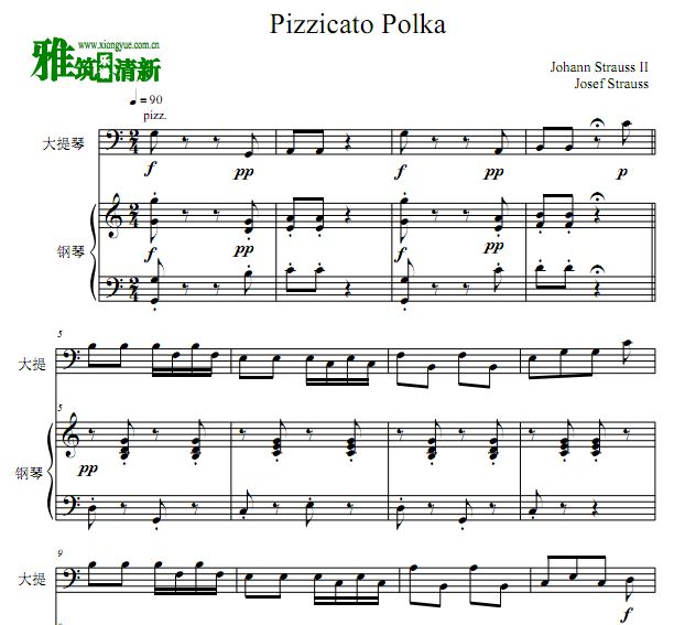 斯特劳斯 Pizzicato Polka 拨弦波尔卡大提琴谱 钢琴伴奏谱
